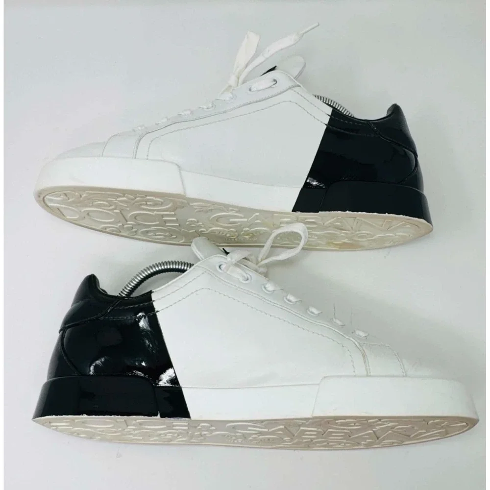 Dolce & Gabbana Portofino Logo Leather Sneakers White Black Men's 9 CS1600 Luxe